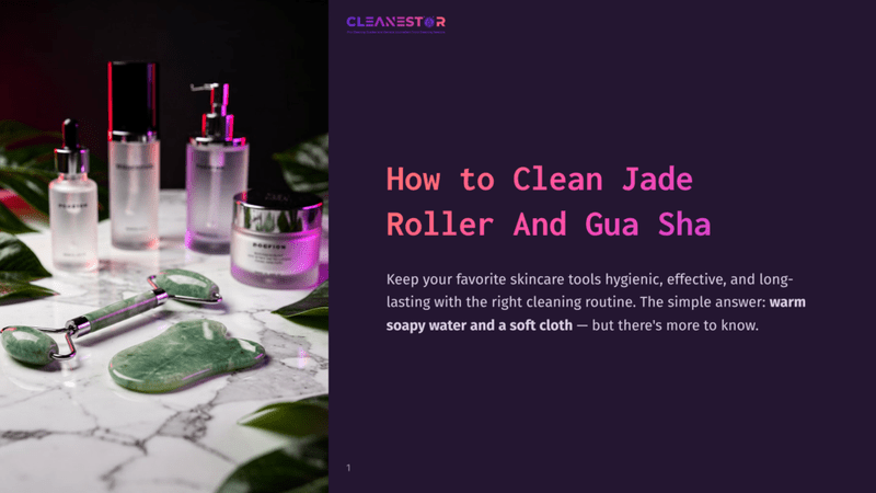 1 How To Clean Jade Roller And Gua Sha A Jade Roller And Gua Sha Tool On A Marble Surface With Skincare Bottles In The Background, Featuring Soft Pink And Purple Lighting.