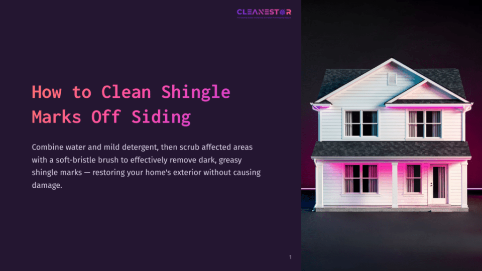 1 How To Clean Shingle Marks Off Siding The Cleanestor Logo Is At The Top Of A Dark Purple Slide With The Title &Quot;How To Clean Shingle Marks Off Siding&Quot; In White And Pink Text. A White House With Pink Lights Is On The Right.