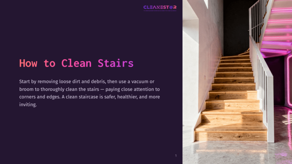 1 How To Clean Stairs Wooden Stairs Lead Upwards, Highlighted By Modern Lighting, Against A Dark Purple Wall. A Clean, Inviting Staircase Is Featured.