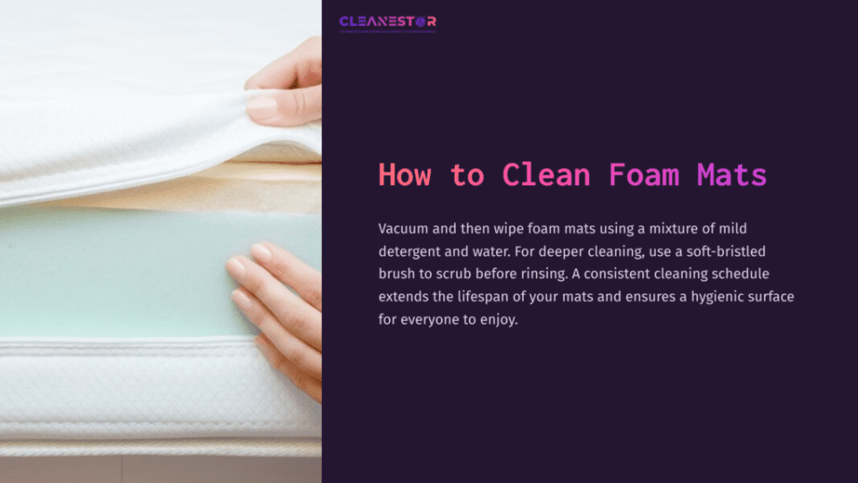 1 How To Clean Foam Mats Hands Lifting A Foam Mat, With A Light Blue Interior, Against A Dark Purple Background Featuring The Text &Quot;How To Clean Foam Mats.&Quot;
