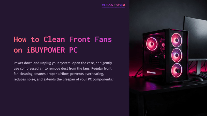 1 How To Clean Front Fans On Ibuypower Pc Black Gaming Pc With Rgb Fans In A Dark Environment, Featuring Pink And Purple Lighting, Beside A Purple Background With Cleaning Instructions.