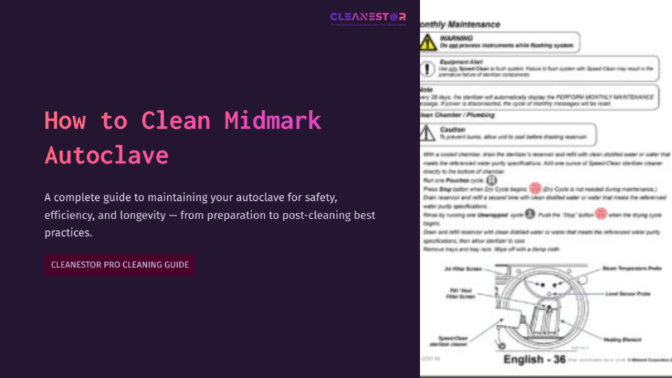 1 How To Clean Midmark Autoclave Guidance Diagram For Cleaning Midmark Autoclave, Featuring Maintenance Steps, Warnings, And Safety Symbols On A Purple Background.