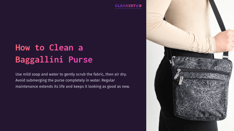 1 How To Clean A Baggallini Purse A Person Wearing A Black Baggallini Purse With A Floral Design, Holding The Strap While Standing Against A Dark Background.