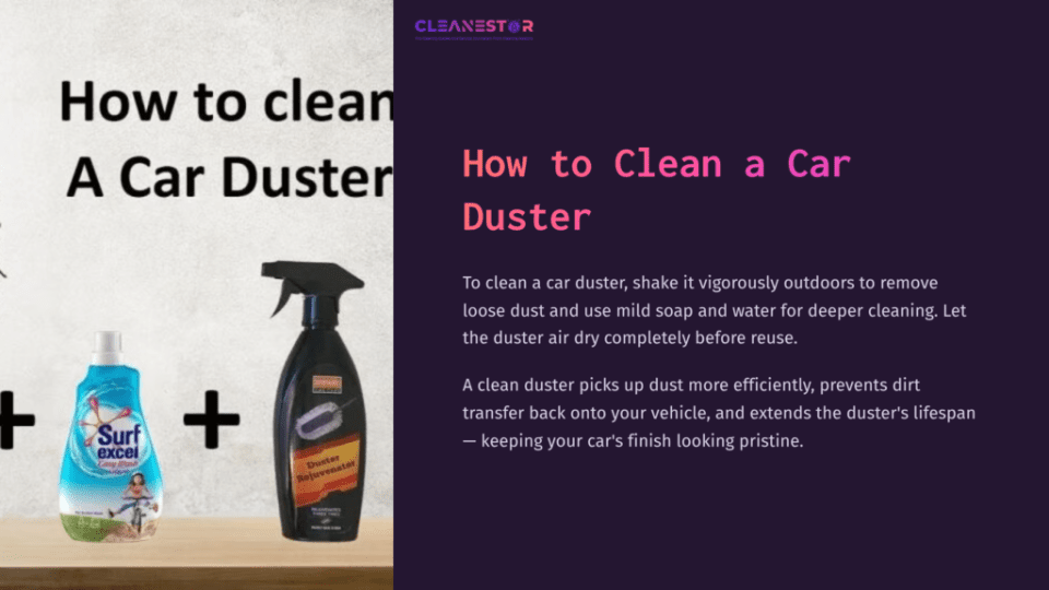 1 How To Clean A Car Duster Car Cleaning Supplies Displayed: A Spray Bottle With A Black Nozzle, A Liquid Cleaner Labeled &Quot;Surf Excel,&Quot; And A Blue Duster Against A Light Background.