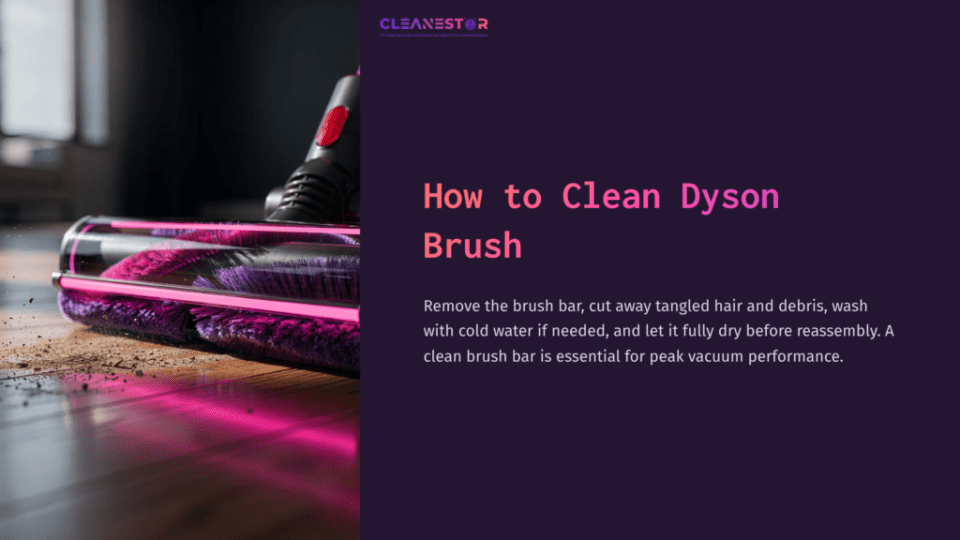1 How To Clean Dyson Brush Close-Up Of A Dyson Brush Bar With Pink Bristles On A Wooden Surface, Alongside A Cleaning Guide On Proper Maintenance Steps.