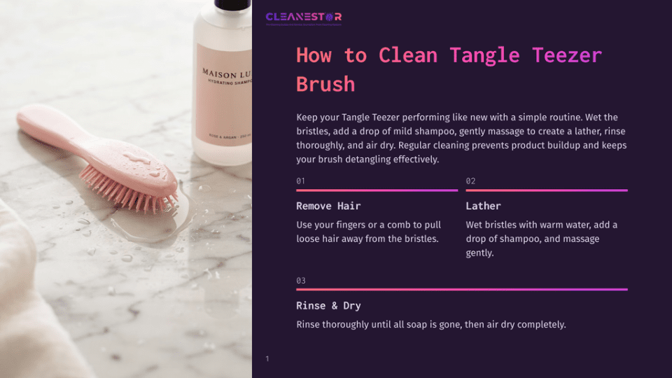 1 How To Clean Tangle Teezer Brush A Pink Tangle Teezer Brush Rests On A Wet Marble Surface Next To A Bottle Of Maison Louis Hydrating Shampoo, Ready For Cleaning.
