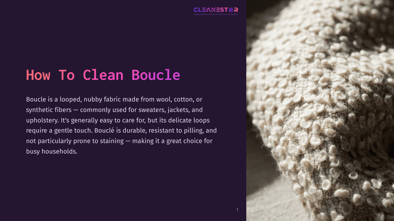 1 How To Clean Boucle Close-Up Of A Beige, Textured Boucle Fabric, Highlighting Its Looped, Nubby Texture. The Text &Quot;How To Clean Boucle&Quot; Is Visible On The Left.