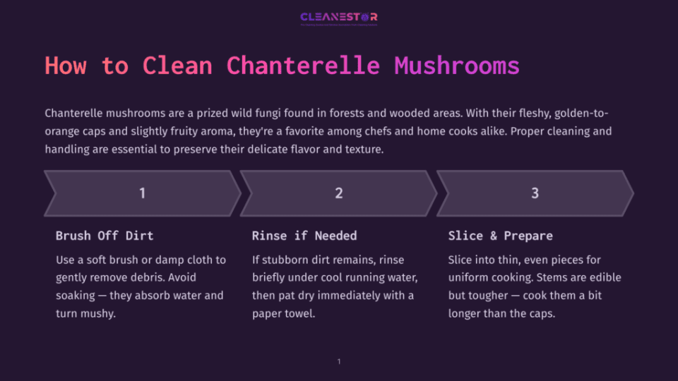 1 How To Clean Chanterelle Mushrooms Infographic Detailing How To Clean Chanterelle Mushrooms: 1. Brush Off Dirt, 2. Rinse If Needed, 3. Slice &Amp; Prepare. The Text Explains Each Step For Proper Mushroom Cleaning And Preparation.