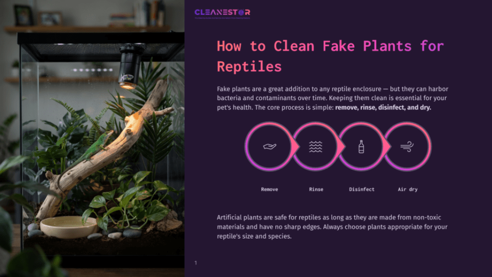 1 How To Clean Fake Plants For Reptiles A Green Lizard Perches On A Branch In A Reptile Terrarium With Fake Plants, A Water Dish, And A Heat Lamp.