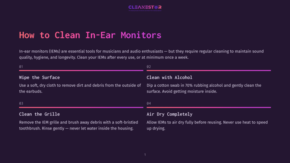 1 How To Clean In Ear Monitors How To Clean In-Ear Monitors: Step-By-Step Guide With Instructions On Wiping, Using Alcohol, And Air Drying Iems. Features Cleanestor Logo.
