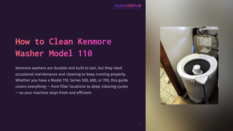 1 How To Clean Kenmore Washer Model 110 A White Kenmore Model 110 Top-Loading Washing Machine Is Shown In A Hallway, With Its Lid Open, Revealing The Interior Drum And Agitator. The Text &Quot;How To Clean Kenmore Washer Model 110&Quot; Is Displayed Prominently On The Left.