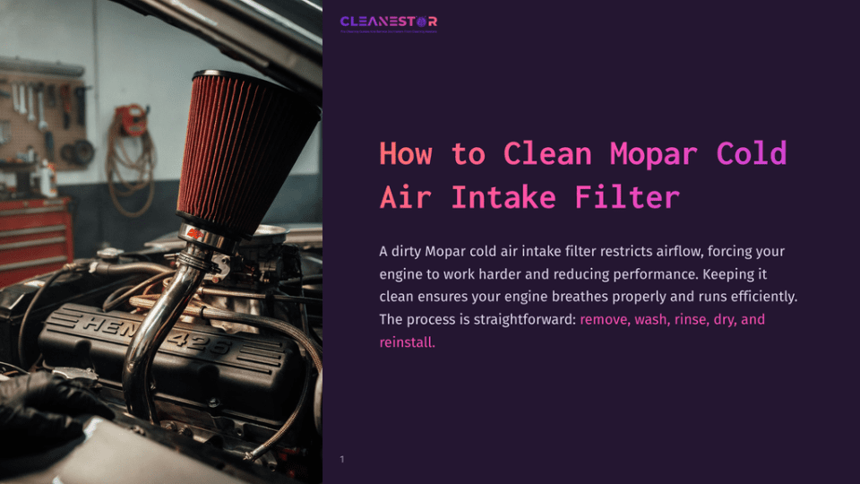 1 How To Clean Mopar Cold Air Intake Filter Close-Up Of A Red Mopar Cold Air Intake Filter Installed On A Car Engine, With The &Quot;Hen 426&Quot; Engine Block Visible. The Engine Bay Is In A Garage Setting.