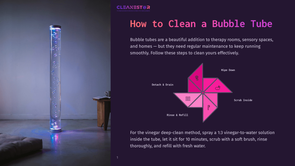 1 How To Clean A Bubble Tube A Tall, Illuminated Bubble Tube With Colorful Lights And Rising Bubbles Stands In A Dimly Lit Room, Next To A Wooden Table And Chair. The Image Also Features A Graphic With Instructions On &Quot;How To Clean A Bubble Tube&Quot;.