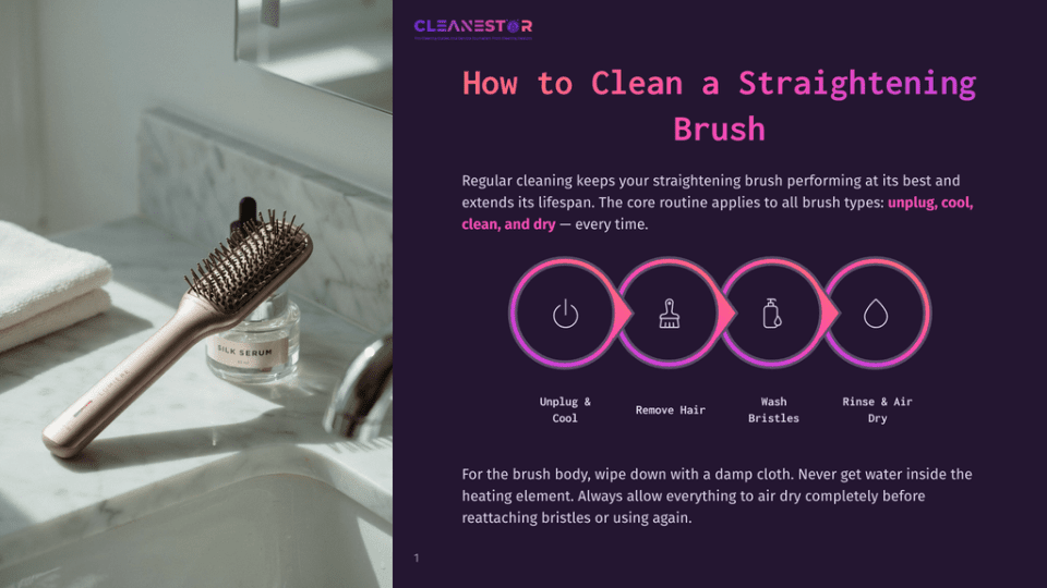 1 How To Clean A Straightening Brush A Rose Gold Straightening Brush With A Wooden Barrel Sits On A Marble Countertop Next To A Bottle Of Hair Serum And A White Towel. The Text Overlay Reads &Quot;Cleanestor&Quot; And &Quot;How To Clean A Straightening Brush&Quot;.