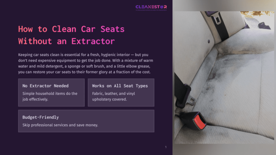 1 How To Clean Car Seats Without An Extractor Close-Up Of A Dirty Car Seat With Stains And Grime, Highlighting The Need For Cleaning. The Seat Is A Light Beige Fabric With A Black Seatbelt Buckle.
