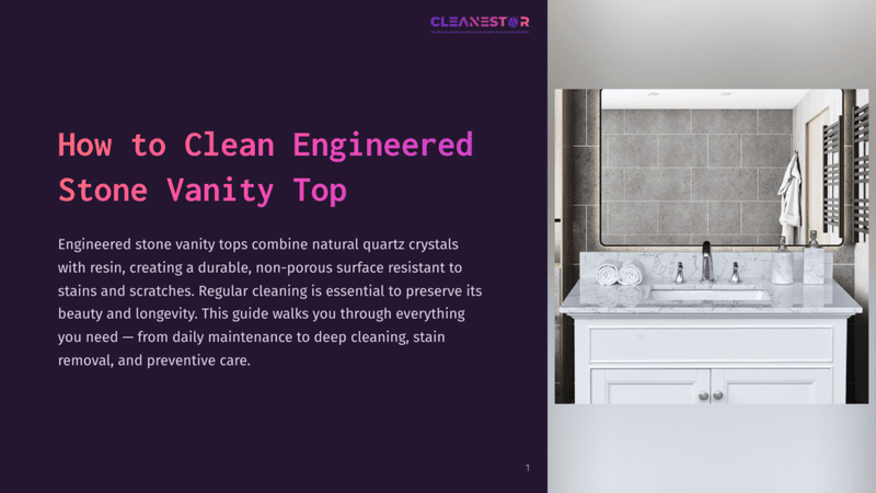 1 How To Clean Engineered Stone Vanity Top A Clean Engineered Stone Vanity Top With A White Marble Countertop, Double Sinks, And Chrome Faucets Is Shown In A Modern Bathroom With A Large Mirror And Grey Tiled Walls.