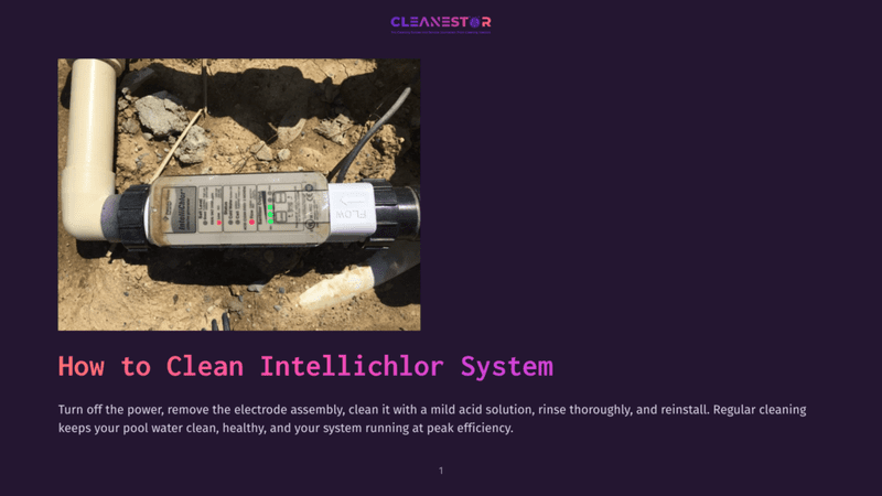 1 How To Clean Intellichlor System Close-Up Of A Cleanestor Intellichlor Pool Chlorine Generator System, Showing The Flow Meter And Indicator Lights, With Instructions To Turn Off Power Before Cleaning The Electrode Assembly.