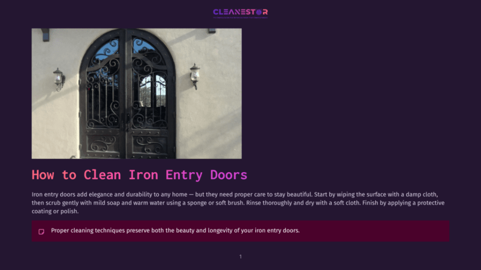 1 How To Clean Iron Entry Doors Ornate Black Iron Entry Doors With Decorative Scrollwork, Flanked By Two Wall-Mounted Lanterns, Set Against A Textured Beige Stucco Wall.