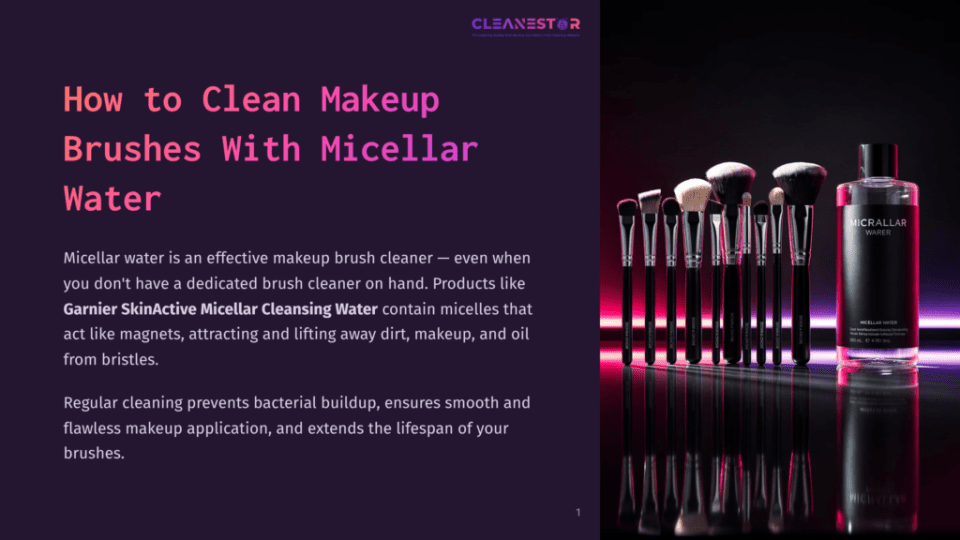 1 How To Clean Makeup Brushes With Micellar Water A Collection Of Clean Makeup Brushes Stands Upright On A Reflective Black Surface, With A Bottle Of &Quot;Michellar Water&Quot; In The Background. The Brushes Are Arranged In A Row, Showcasing Their Different Sizes And Shapes, With The Brand &Quot;Cleanestor&Quot; Visible At The Top Of The Image.