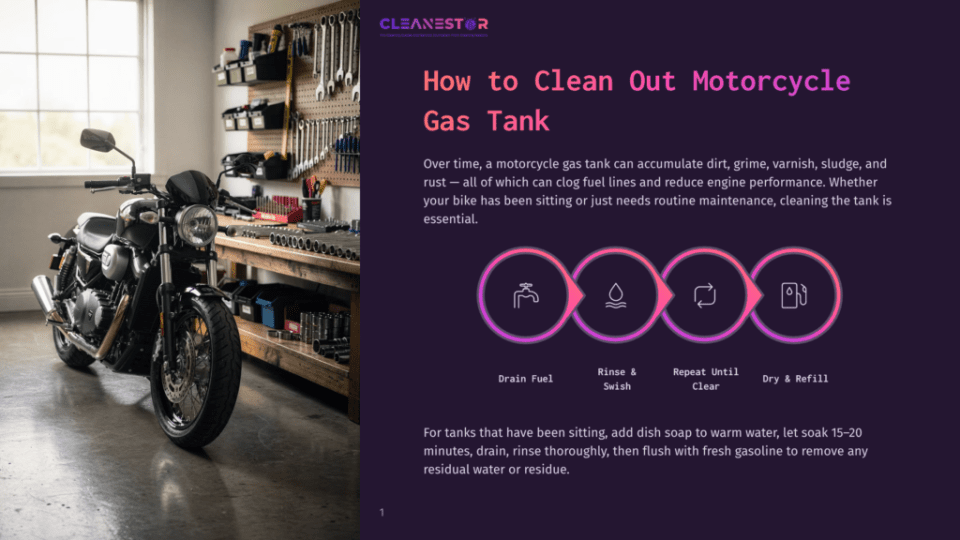 1 How To Clean Out Motorcycle Gas Tank A Black Motorcycle Is Parked In A Workshop With Tools And Equipment In The Background. The Image Has Text Overlay: &Quot;How To Clean Out Motorcycle Gas Tank&Quot;.