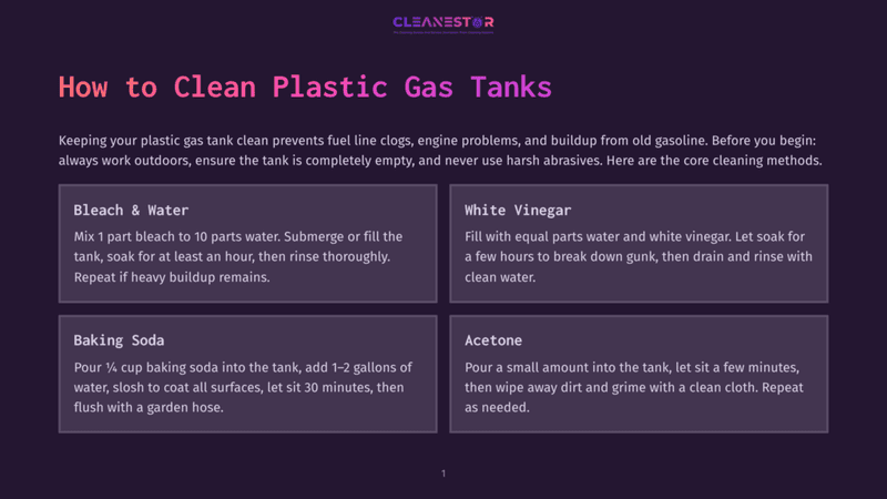 1 How To Clean Plastic Gas Tanks Infographic Titled &Quot;How To Clean Plastic Gas Tanks&Quot; With Four Cleaning Method Sections: Bleach &Amp; Water, White Vinegar, Baking Soda, And Acetone. The Cleanestor Logo Is At The Top.