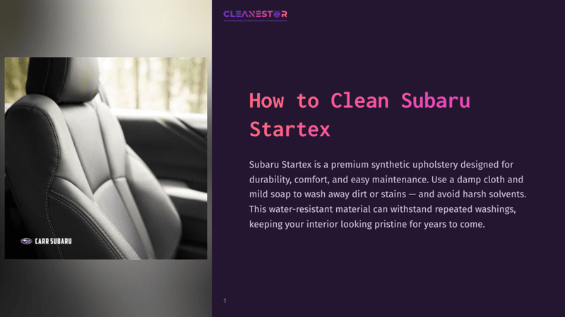 1 How To Clean Subaru Startex Close-Up Of A Clean, Dark Subaru Startex Car Seat With Yellow Stitching. The Subaru Logo Is Visible On The Lower Left Of The Seat. The Background Is Blurred, Showing A Natural Outdoor Setting.