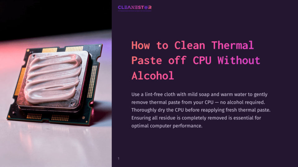 1 How To Clean Thermal Paste Off Cpu Without Alcohol A Close-Up View Of A Cpu Chip With A White Substance, Possibly Thermal Paste, On Its Surface Against A Dark Purple Background.