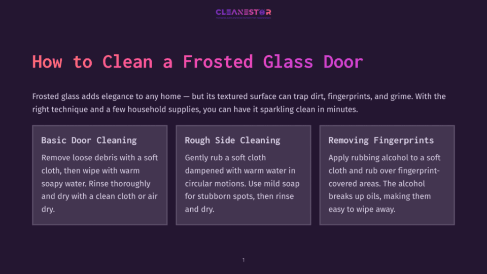 1 How To Clean A Frosted Glass Door A Graphic With The Title &Quot;How To Clean A Frosted Glass Door&Quot; And Three Sections: &Quot;Basic Door Cleaning&Quot;, &Quot;Rough Side Cleaning&Quot;, And &Quot;Removing Fingerprints&Quot;, Offering Tips For Cleaning Frosted Glass.