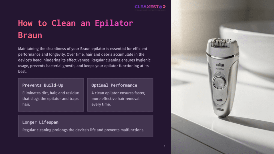 1 How To Clean An Epilator Braun A White Braun Epilator Sits On A Clean, White Surface, With A Blurred Background Of A Bathroom Sink And Faucet. The Text &Quot;Cleanestor&Quot; Is Visible At The Top.