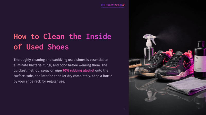 1 How To Clean The Inside Of Used Shoes Close-Up Of Used, Dirty Sneakers Being Cleaned With A Spray Bottle And Cloth, With Cleaning Supplies And A Shoe Brush In The Background. Text Reads &Quot;Cleanestor&Quot; And &Quot;How To Clean The Inside Of Used Shoes&Quot;.