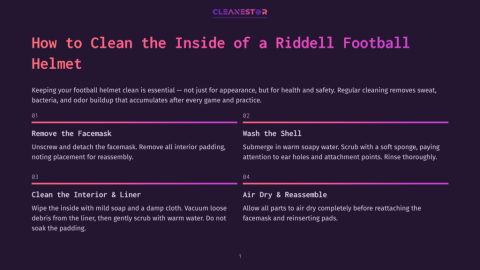 1 How To Clean The Inside Of A Riddell Football Helmet Infographic With The Title &Quot;How To Clean The Inside Of A Riddell Football Helmet,&Quot; Detailing Steps For Cleaning The Facemask, Washing The Shell, Cleaning The Interior, And Air Drying And Reassembling.