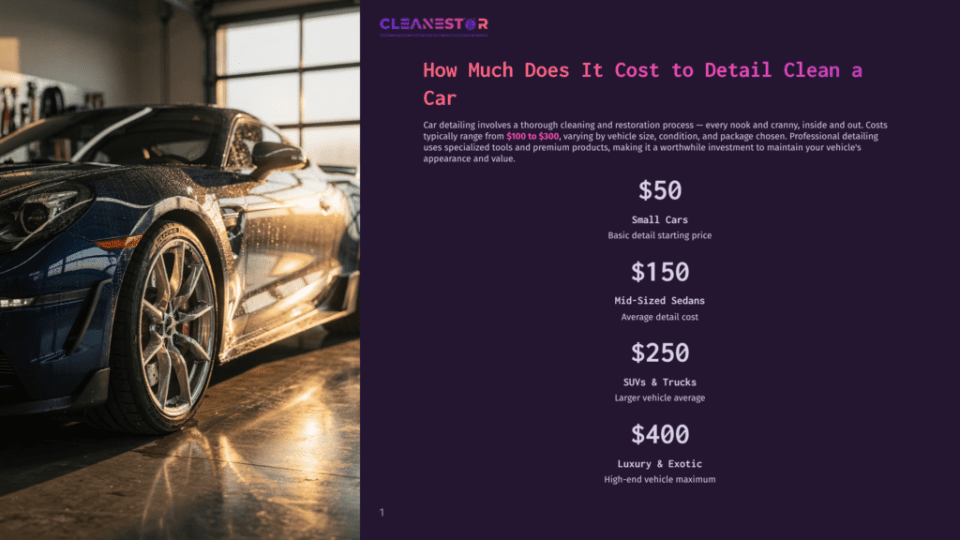 1 How Much Does It Cost To Detail Clean A Car A Dark Blue Luxury Car Gleams With Water Droplets After A Professional Car Detailing, Parked In A Modern Garage With Soft Lighting. Text Overlay Reads &Quot;Cleanestor&Quot; And &Quot;How Much Does It Cost To Detail Clean A Car&Quot;.
