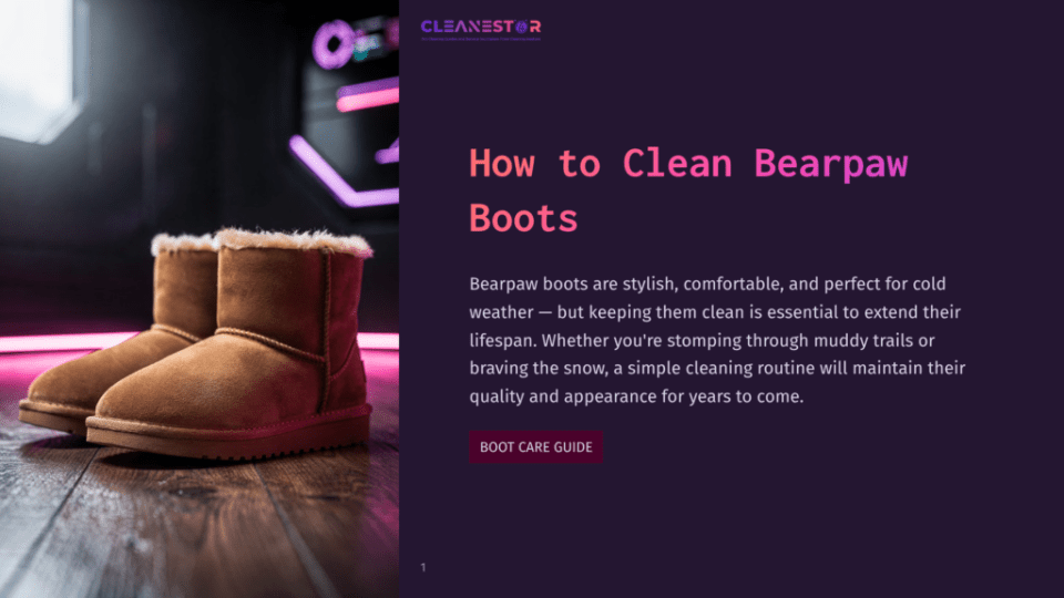 1 How To Clean Bearpaw Boots A Pair Of Brown Bearpaw Boots With Fluffy White Trim Sit On A Wooden Floor, With Neon Pink And Blue Lights In The Background. The Text &Quot;Cleanestor&Quot; And &Quot;How To Clean Bearpaw Boots&Quot; Is Visible.