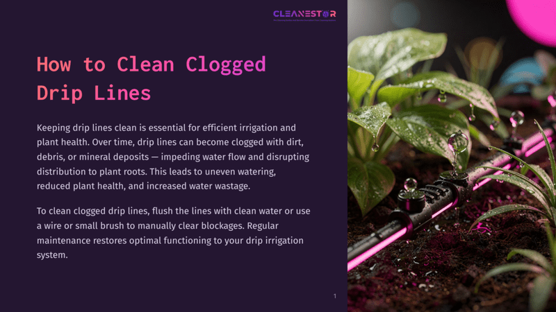 1 How To Clean Clogged Drip Lines Close-Up Of A Cleanstar Drip Irrigation System With Pink Lighting, Watering Lush Green Plants With Water Droplets On Leaves, Set Against Dark Soil.