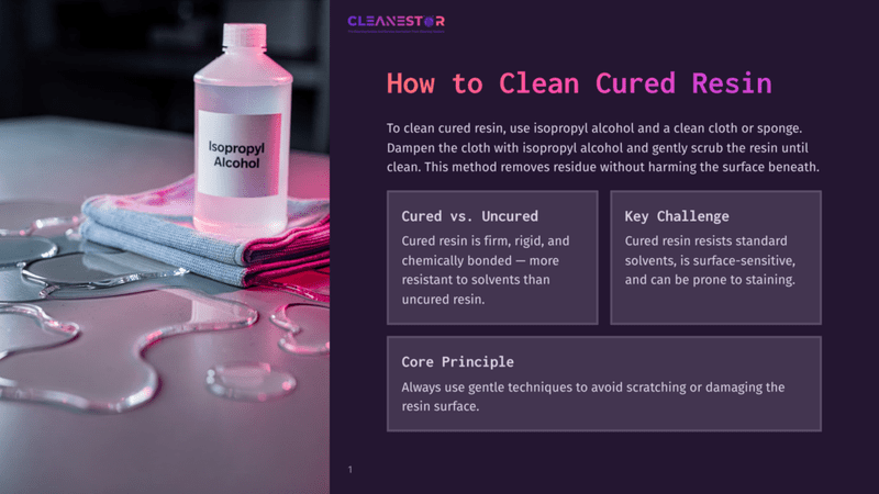 1 How To Clean Cured Resin A Bottle Of Isopropyl Alcohol Sits On A Pink Cloth, With A Denim Cloth Beneath, And Various Clear Resin Pieces Around It. The Text Reads, &Quot;How To Clean Cured Resin.&Quot; The Image Provides Tips On Using Isopropyl Alcohol And A Clean Cloth To Clean Cured Resin Without Harming The Surface.