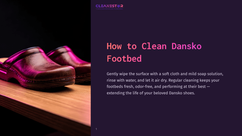 1 How To Clean Dansko Footbed Close-Up Of Two Brown Leather Dansko Clogs On A Wooden Shelf, With Pink And Purple Lighting Highlighting The Shoes And The Text &Quot;How To Clean Dansko Footbed&Quot; Visible.