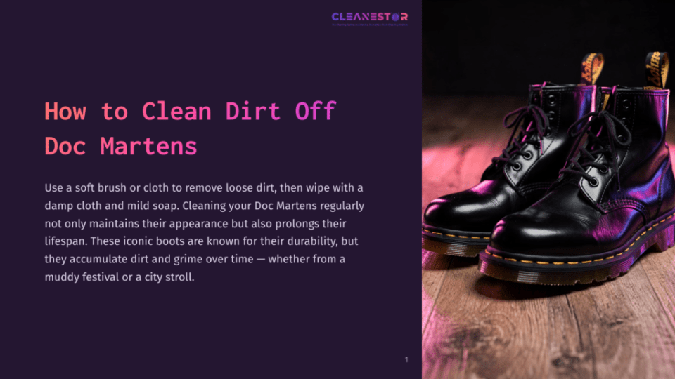 1 How To Clean Dirt Off Doc Martens Black Doc Martens Boots On A Wooden Surface With A Purple Background. The Caption Reads, &Quot;How To Clean Dirt Off Doc Martens&Quot;.