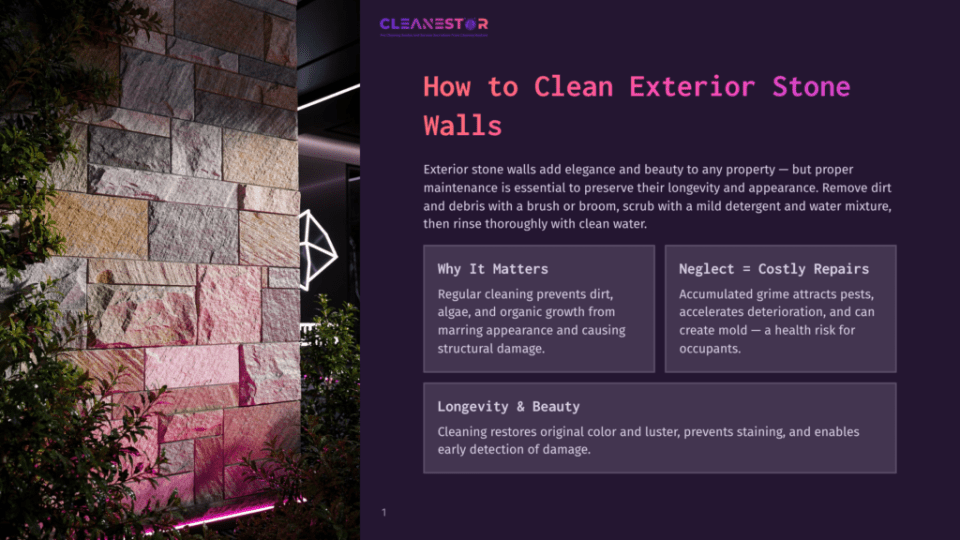 1 How To Clean Exterior Stone Walls Exterior Stone Walls Adorned With Vibrant Purple And Pink Hues, Set Against A Modern Architectural Backdrop, With A Sign Reading &Quot;How To Clean Exterior Stone Walls&Quot; Prominently Displayed.
