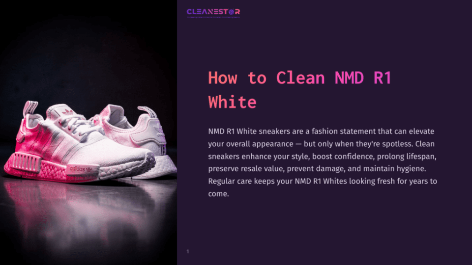 1 How To Clean Nmd R1 White Close-Up Of Pristine White Adidas Nmd R1 Sneakers, One With Pink Accents, Resting On A Dark Surface Under Vibrant Purple And Pink Studio Lighting, With &Quot;Cleanestor&Quot; Logo Visible.