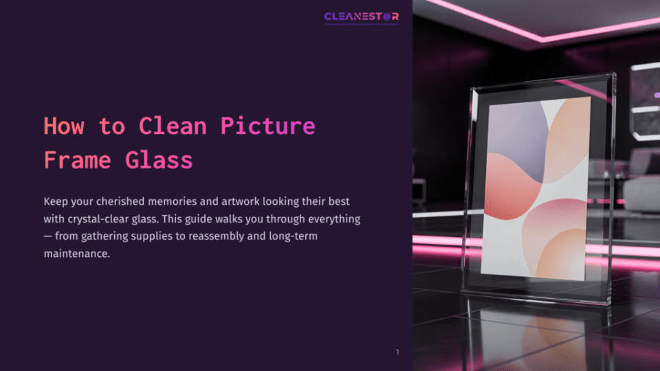 1 How To Clean Picture Frame Glass A Clear Acrylic Picture Frame With A Modern Abstract Print Inside, Displayed On A Dark, Reflective Surface With Neon Pink Lighting In The Background. The Text &Quot;Cleanestor&Quot; And &Quot;How To Clean Picture Frame Glass&Quot; Is Overlaid On The Left.