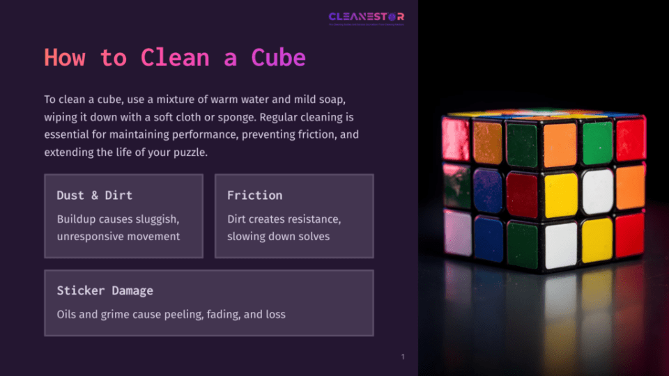 1 How To Clean A Cube A Colorful Rubik'S Cube Sits On A Reflective Black Surface, With Text Overlay On The Left Detailing How To Clean A Cube And Avoid Dust, Dirt, And Sticker Damage.