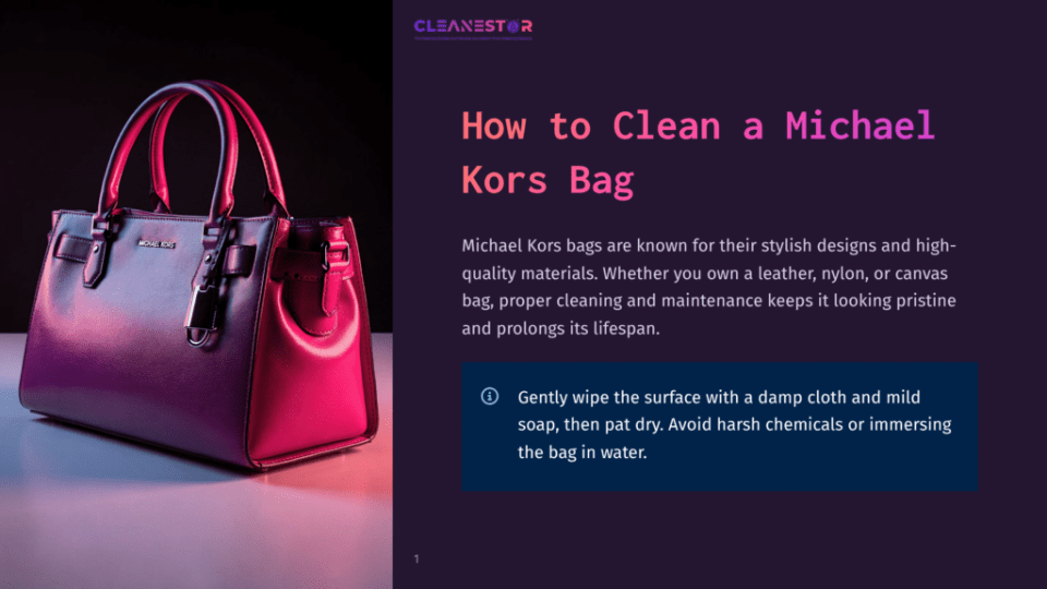 1 How To Clean A Michael Kors Bag A Stylish, Dark Purple Michael Kors Handbag With A Gold Clasp And Buckle Detail, Illuminated By Soft Pink And Blue Lighting Against A Dark Background. Text On The Right Reads &Quot;How To Clean A Michael Kors Bag&Quot;.