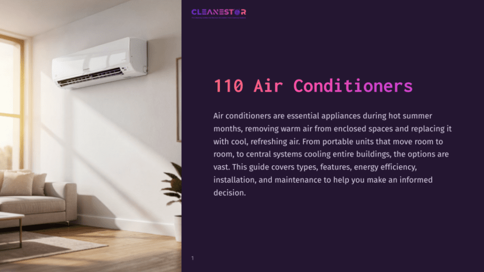 1 110 Air Conditioners Cleanestor Logo Above Text &Quot;110 Air Conditioners&Quot; On A Dark Purple Background, Next To A Bright Living Room With A Modern White Air Conditioner Mounted On The Wall.