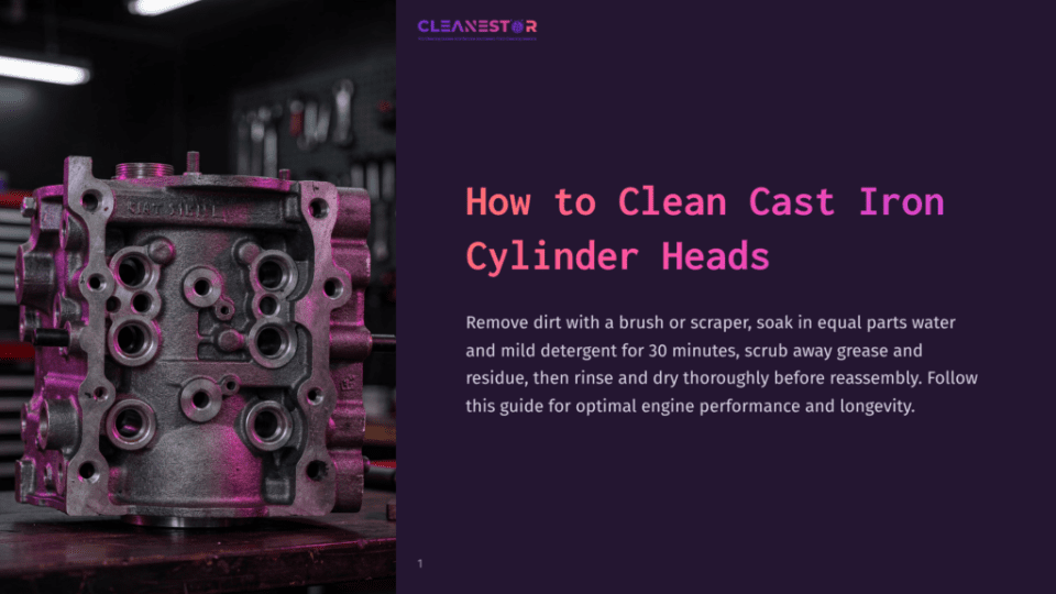 1 How To Clean Cast Iron Cylinder Heads Close-Up Of A Cast Iron Cylinder Head On A Wooden Surface, With A Dark Background And Tools Visible, Showcasing Grease And Residue.