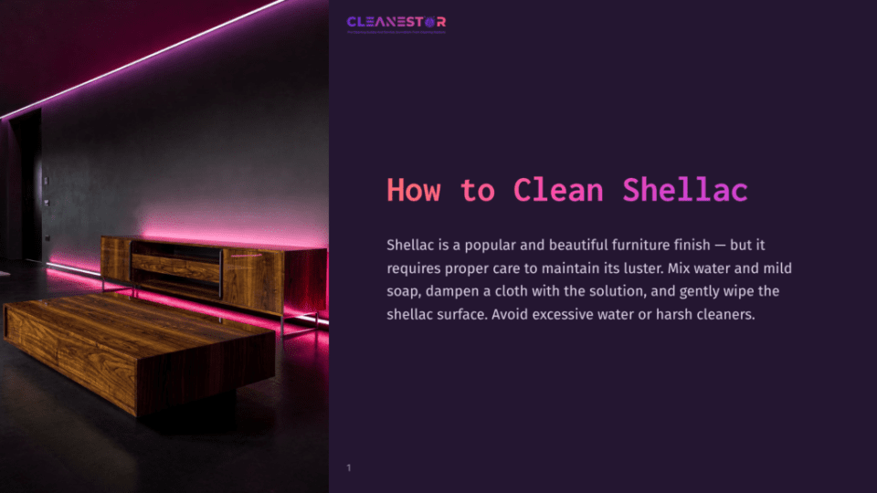 1 How To Clean Shellac A Modern Living Room With Dark Walls, Featuring A Sleek Wooden Media Console And Coffee Table Illuminated By Vibrant Pink Led Lighting. Text Overlay Reads &Quot;How To Clean Shellac.