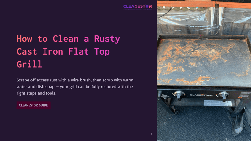 1 How To Clean A Rusty Cast Iron Flat Top Grill A Rusty Black Cast Iron Flat Top Grill With Orange-Brown Rust Spots, Set Against A Black Surface, Showing Wear And Age.