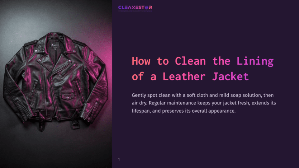 1 How To Clean The Lining Of A Leather Jacket A Black Leather Motorcycle Jacket Is Displayed Against A Dark Background, Illuminated By Pink And Purple Lighting. Text Overlay Reads &Quot;How To Clean The Lining Of A Leather Jacket&Quot; And &Quot;Cleanestor&Quot;.