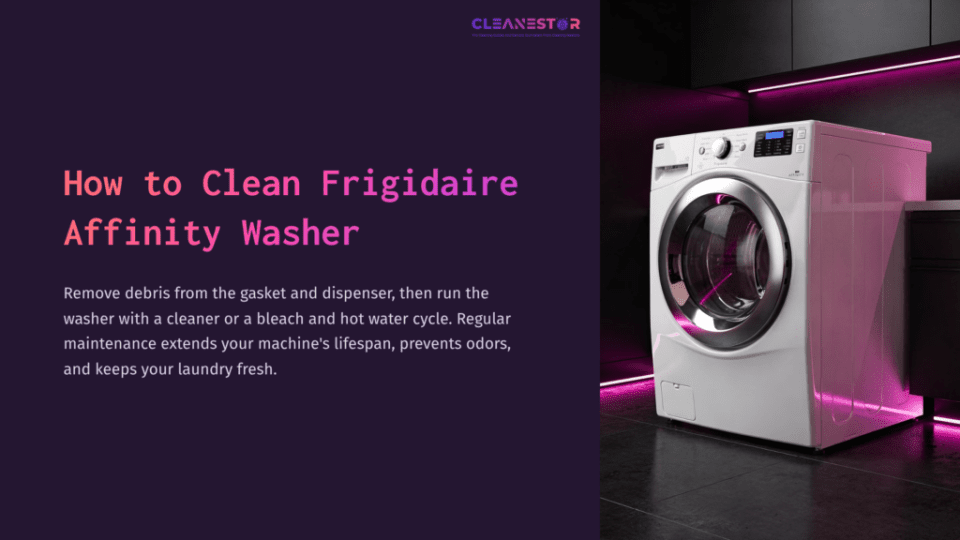 1 How To Clean Frigidaire Affinity Washer A White Frigidaire Affinity Washer Stands Against A Dark Background With Purple Lighting, Highlighting Its Modern Design And Features.