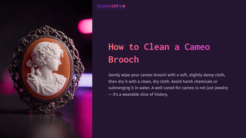 1 How To Clean A Cameo Brooch Cameo Brooch Featuring A Classical Profile Portrait, Set In An Ornate Gold Frame, With A Soft Pink Background And Modern Text On Cleaning Tips.