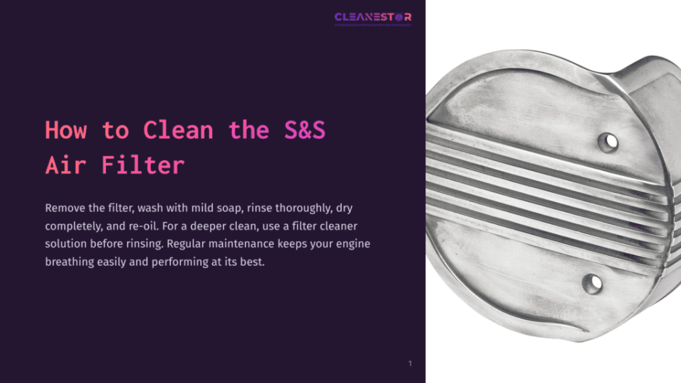 1 How To Clean The Sands Air Filter Close-Up Of A Round, Metallic S&Amp;S Air Filter With Grooves, Set Against A Dark Purple Background With Cleaning Instructions.